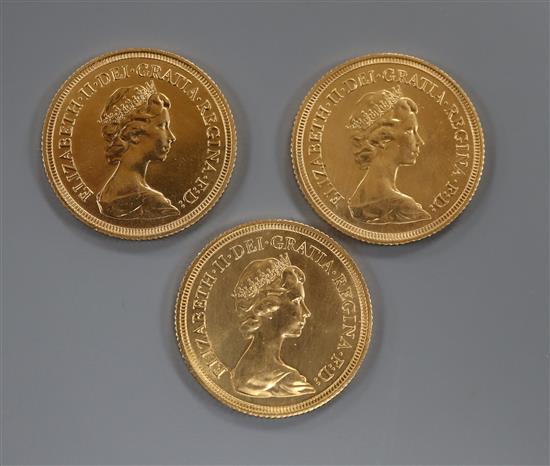 Three 1980 gold sovereigns, UNC